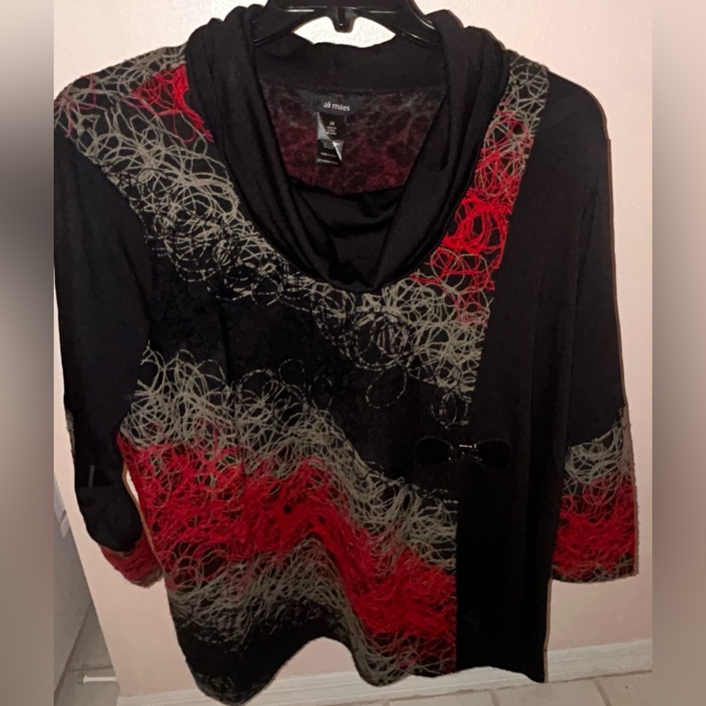 Ali Miles Cowl Neck Tunic Plus Sz 2X Red Knit Top Textured Art To Wear Lagenlook
